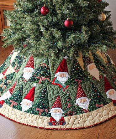 Handcrafted Gnome Christmas Tree Skirt In Green Pine Wedge Design — Custom Holiday Base Cover For Rustic Festive Homes