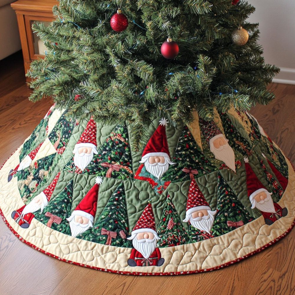 Handcrafted Gnome Christmas Tree Skirt In Green Pine Wedge Design — Custom Holiday Base Cover For Rustic Festive Homes