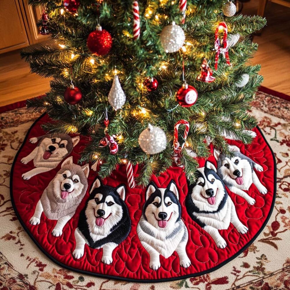 Huskies In Santa Hats On Crimson Christmas Tree Skirt — Playful Husky Holiday Skirt In Rich Red, Handcrafted & Custom-Fit For Pet Fans