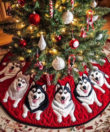 Huskies In Santa Hats Crimson Tree Skirt — Made-To-Order Festive Dog-Themed Christmas Skirt For Pet Lovers & Cozy Homes