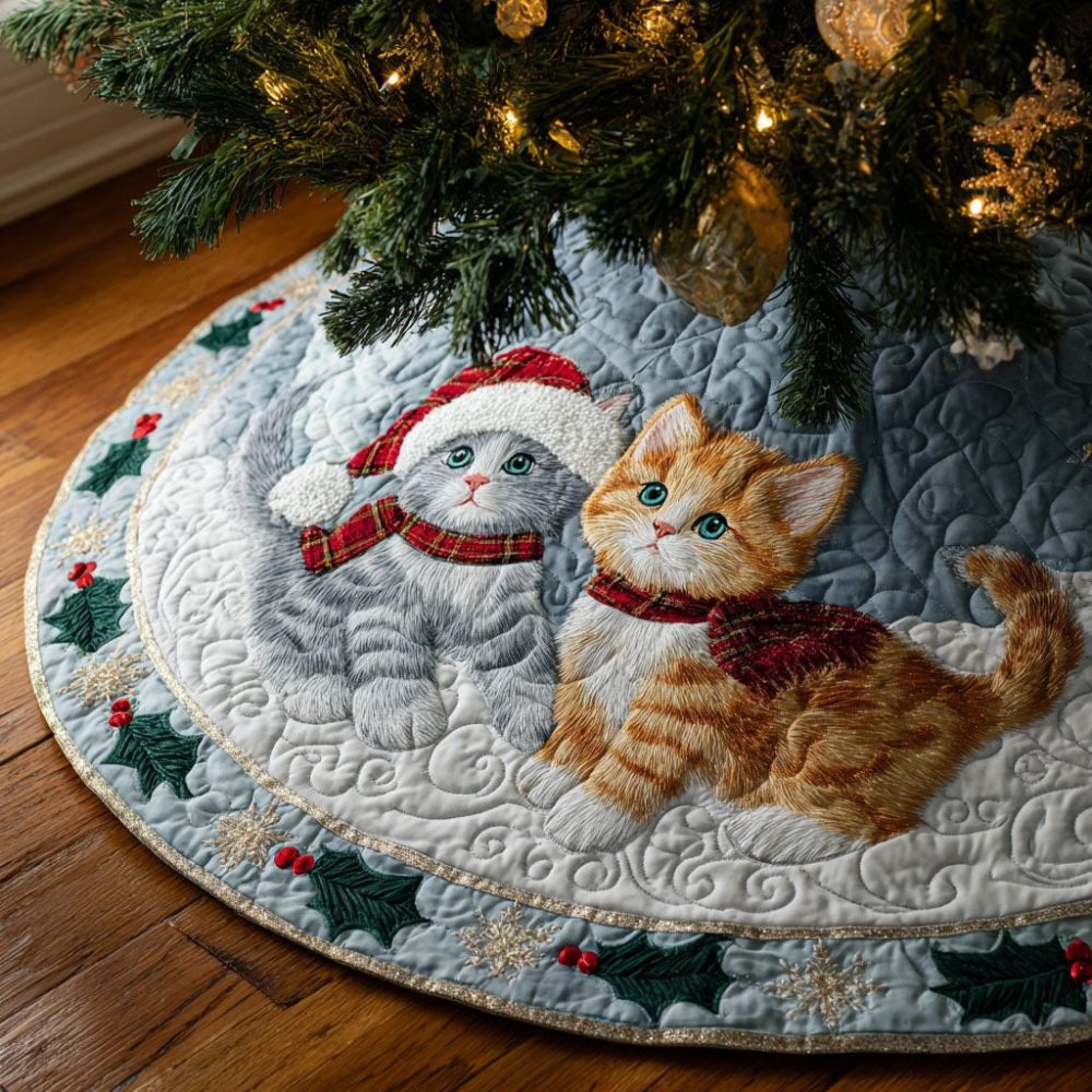 Grey & Ginger Cats In Scarves Christmas Tree Skirt — Cozy Cat-Themed Holiday Skirt, Handcrafted & Custom-Sized For Pet Lovers