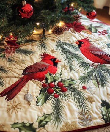 Cardinal On Pine & Holly Bough Christmas Tree Skirt — Festive Red Cardinal With Holly Accents, Custom-Handcrafted Holiday Base Cover
