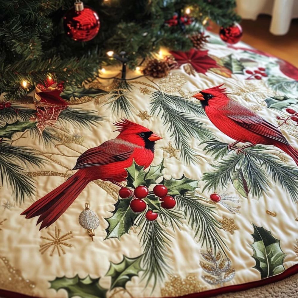Cardinal On Pine & Holly Bough Christmas Tree Skirt — Festive Red Cardinal With Holly Accents, Custom-Handcrafted Holiday Base Cover