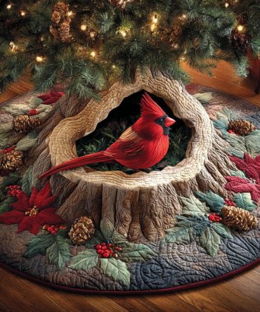 Cardinal In Stump Hollow Christmas Tree Skirt — Rustic Woodland Cardinal Holiday Skirt, Handcrafted Custom Sizing Available