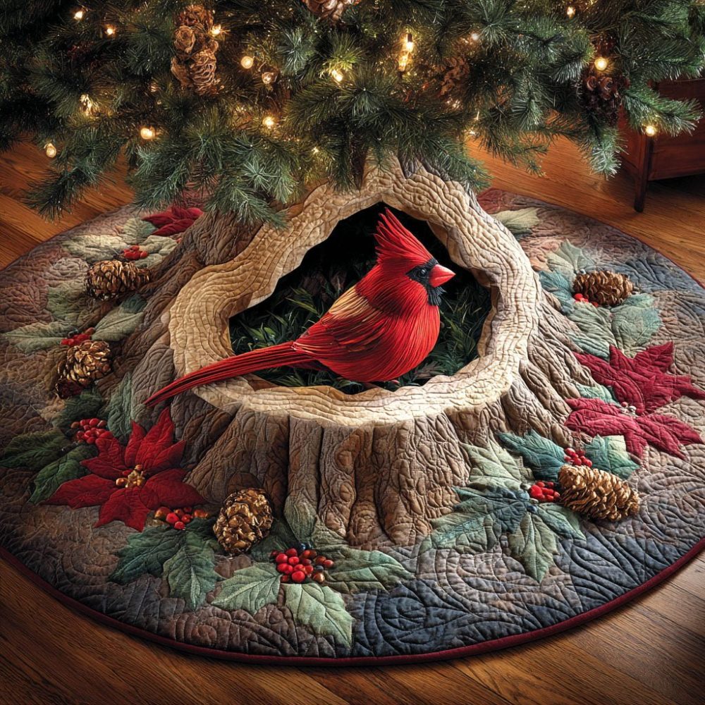 Cardinal In Stump Hollow Christmas Tree Skirt — Rustic Woodland Cardinal Holiday Skirt, Handcrafted Custom Sizing Available