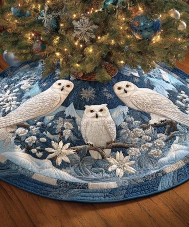 Winter Whisper Owl Christmas Tree Skirt — Handcrafted Snowy Owl Holiday Skirt, Custom Woodland Bird-Themed Decor
