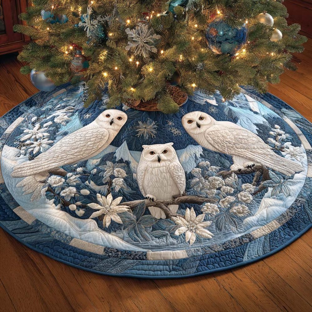 Winter Whisper Owl Christmas Tree Skirt — Handcrafted Snowy Owl Holiday Skirt, Custom Woodland Bird-Themed Decor