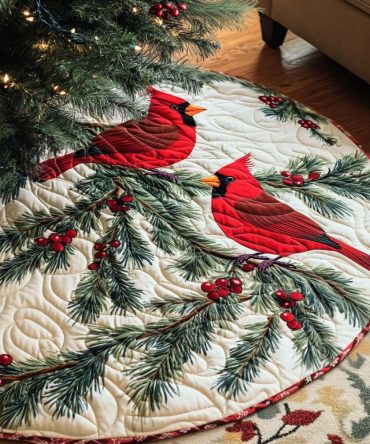 Cardinal On Winter Pine Branch Christmas Tree Skirt — Classic Red Cardinal Holiday Skirt, Custom-Made For Elegant Seasonal Décor