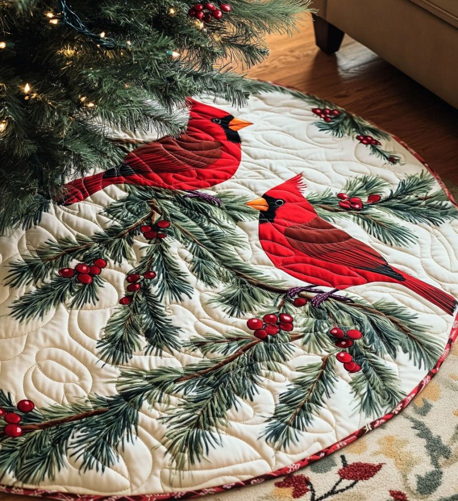 Cardinal On Winter Pine Branch Christmas Tree Skirt — Classic Red Cardinal Holiday Skirt, Custom-Made For Elegant Seasonal Décor