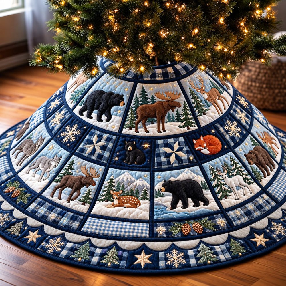 Winter Wildlife Christmas Tree Skirt - Custom Nature-Inspired Holiday Skirt With Deer, Fox & Pine Motifs On Plush Fabric