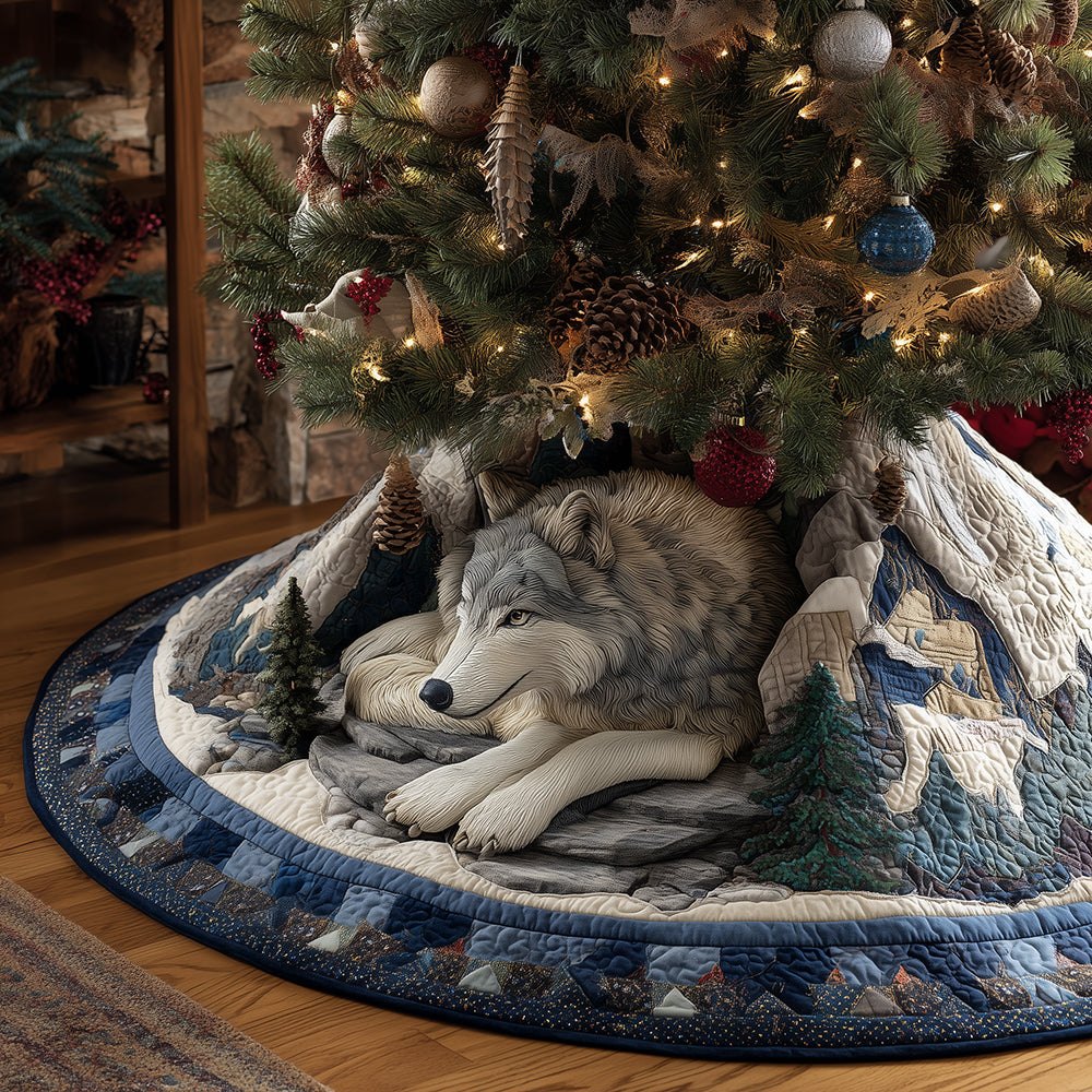 Winter Wolf Hideaway Christmas Tree Skirt — Rustic Wolf Silhouette Holiday Skirt, Custom-Made For Lodge & Cabin Decor Enthusiasts