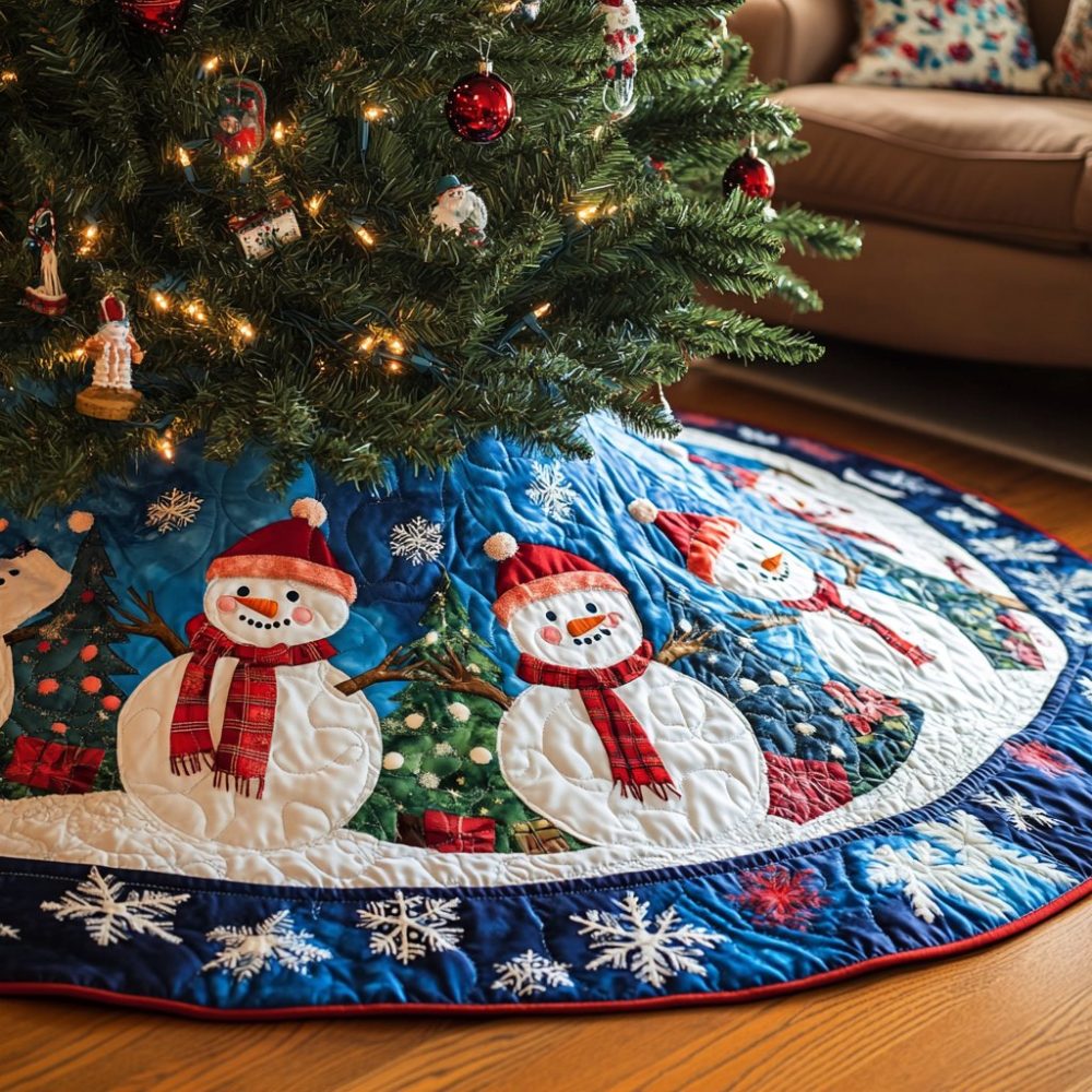 Snowmen On Blue Snowflake Ring Christmas Tree Skirt — Elegant Snowflake & Snowman Holiday Skirt, Handmade Custom Size Option