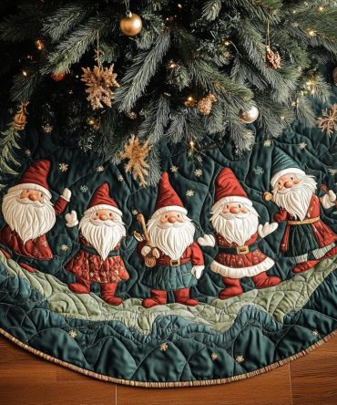 Gnome Parade On Green Snowfield Christmas Tree Skirt — Charming Gnome Holiday Skirt, Custom Fit & Handcrafted Seasonal Accent