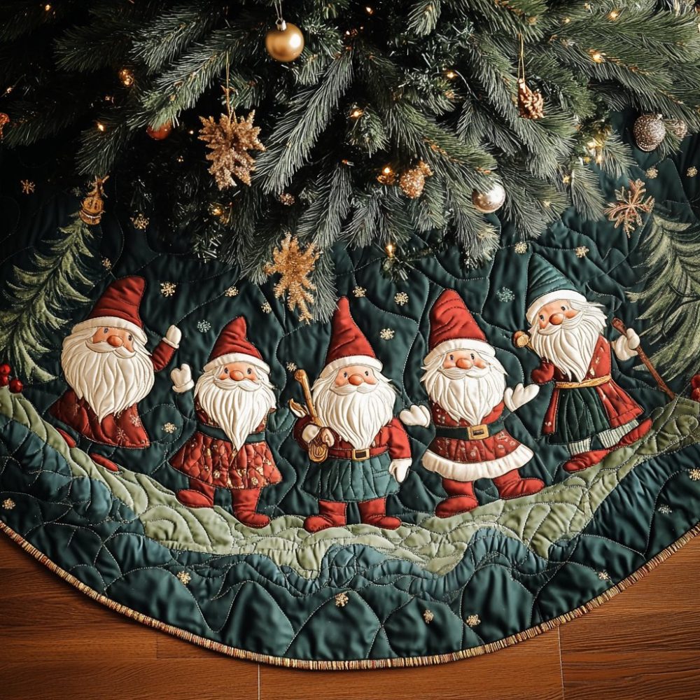 Gnome Parade On Green Snowfield Christmas Tree Skirt — Charming Gnome Holiday Skirt, Custom Fit & Handcrafted Seasonal Accent