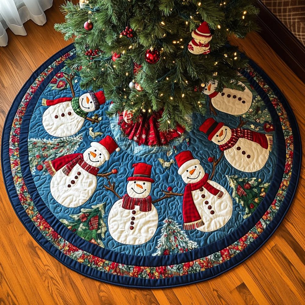 Snowmen With Bobble Hats On Blue Christmas Tree Skirt — Playful Bobble-Hat Snowman Holiday Skirt, Handmade & Custom-Fit