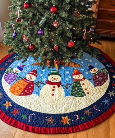 Snowmen On Starry Blue Border Christmas Tree Skirt — Joyful Snowman Holiday Skirt, Custom-Made For Classic Seasonal Décor
