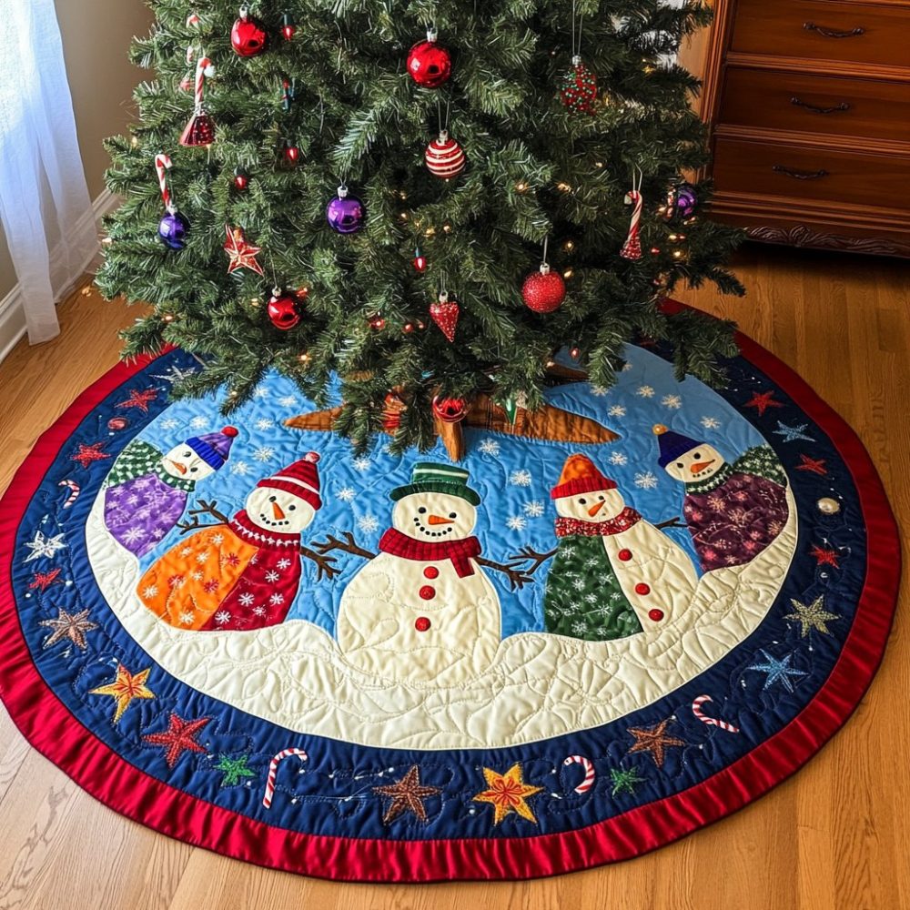Snowmen On Starry Blue Border Christmas Tree Skirt — Joyful Snowman Holiday Skirt, Custom-Made For Classic Seasonal Décor
