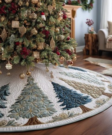 Handmade Winter Woods Christmas Tree Skirt — Festive Woodland Pine & Deer Design, Custom-Sized Holiday Tree Base Cover