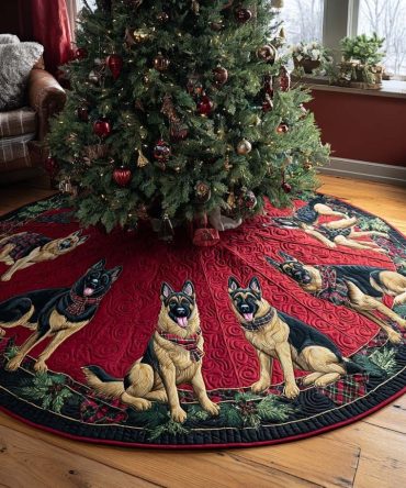 Crimson Wedge Christmas Tree Skirt With German Shepherds — Bold Red Custom Holiday Skirt, Personalized & Handcrafted For Dog Families