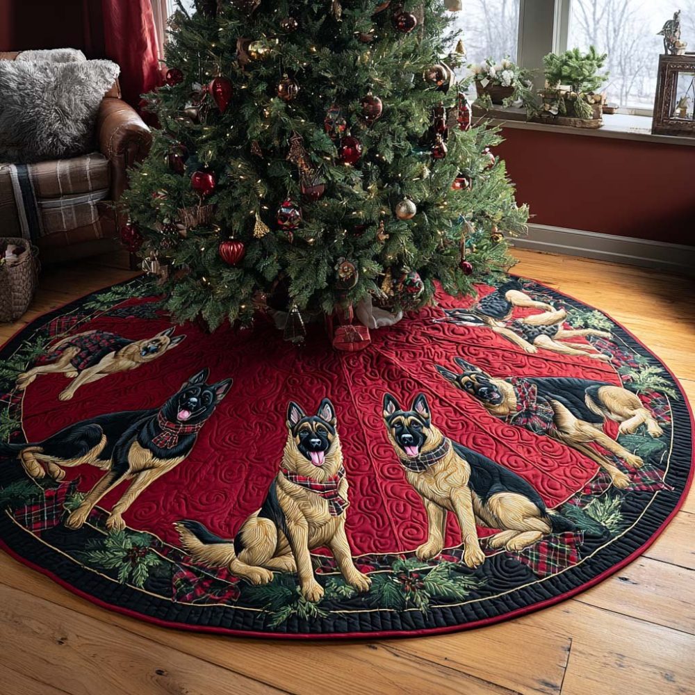 Crimson Wedge Christmas Tree Skirt With German Shepherds — Bold Red Custom Holiday Skirt, Personalized & Handcrafted For Dog Families