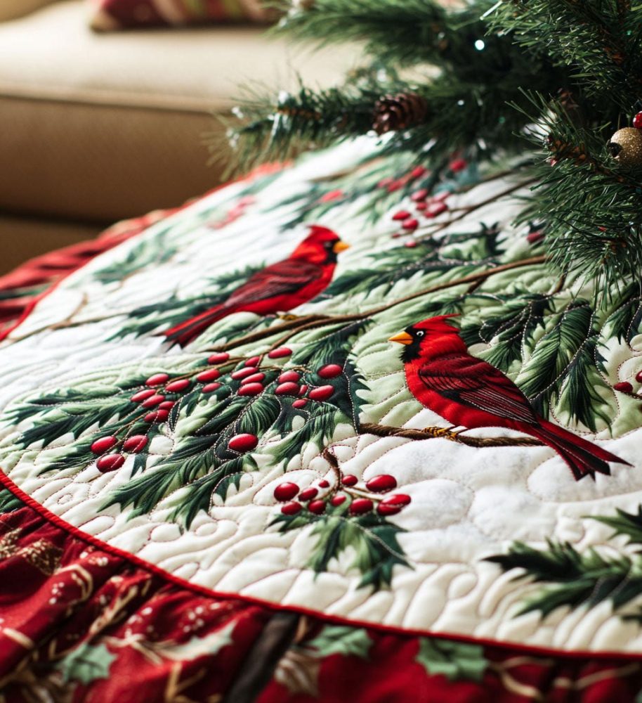 Winterberry Wrap Holiday Tree Skirt — Cozy Berry Print Christmas Tree Skirt, Handcrafted & Custom Sizing, Made-To-Order