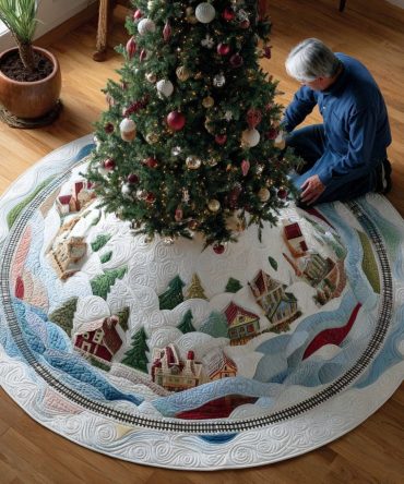Winterglow Village Holiday Tree Skirt — Handcrafted Snowy Village Christmas Skirt, Made-To-Order With Delightful Details