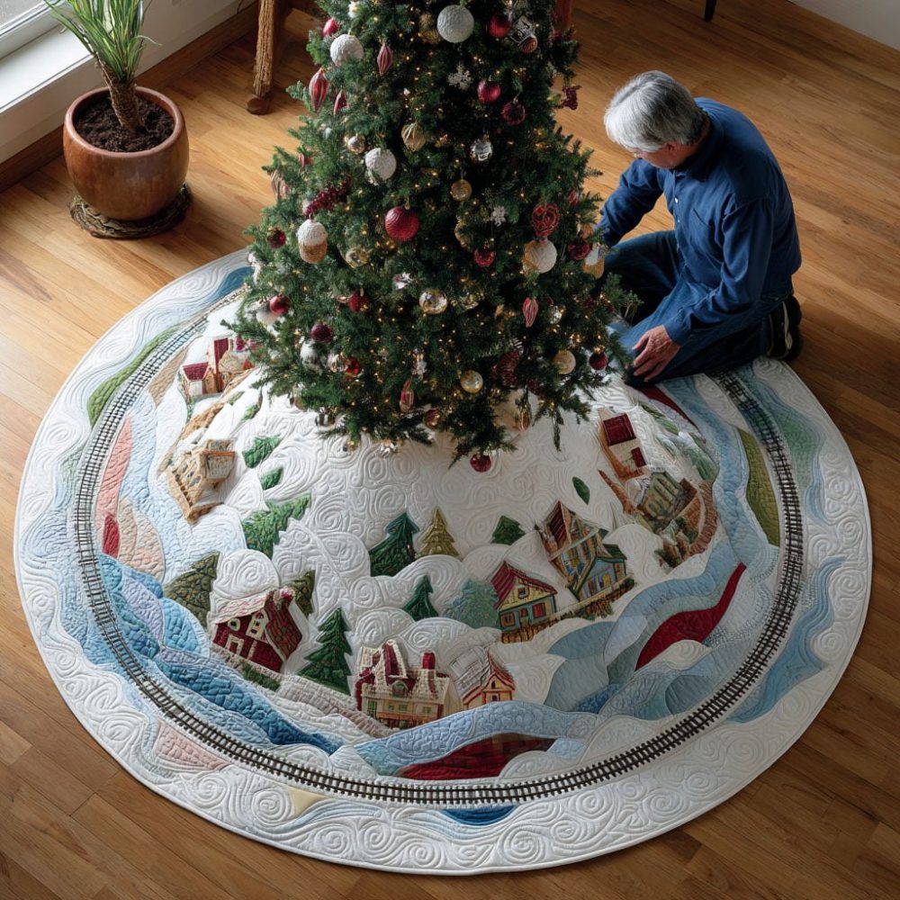 Winterglow Village Holiday Tree Skirt — Handcrafted Snowy Village Christmas Skirt, Made-To-Order With Delightful Details