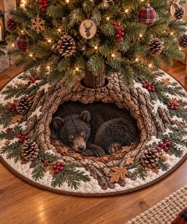 Bear Den Woodland Tree Skirt - Custom Handmade Christmas Skirt With Adorable Bear Motif, Durable Fabric & Soft Backing