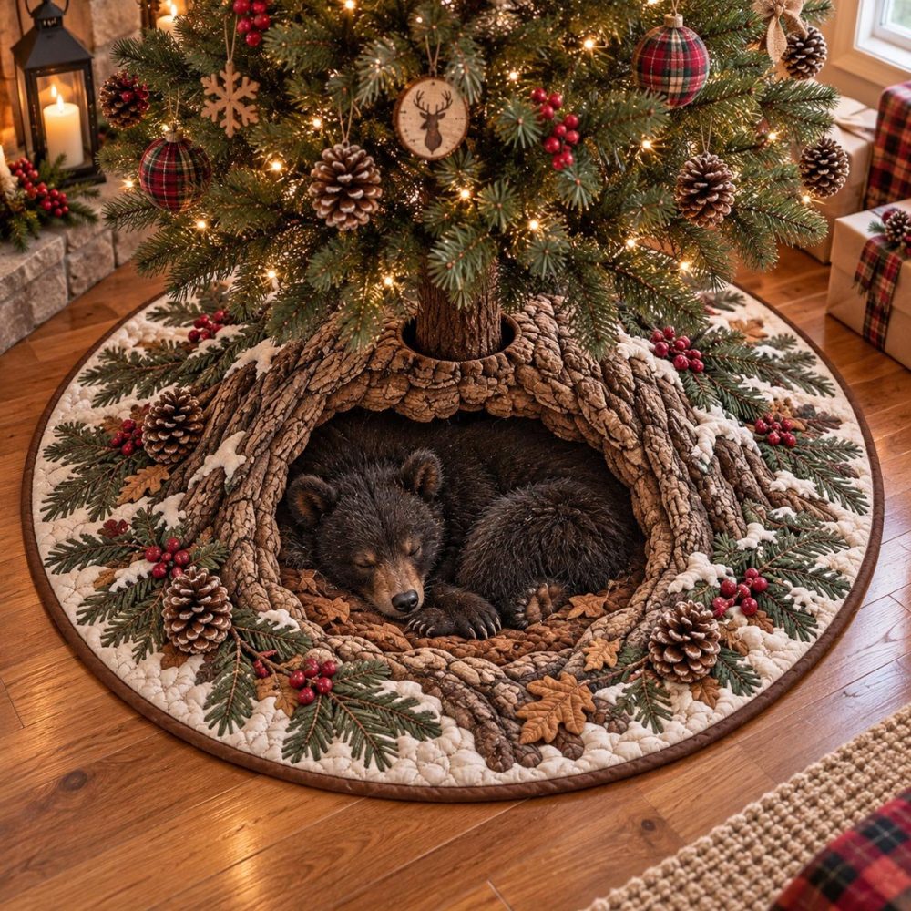 Bear Den Woodland Tree Skirt - Custom Handmade Christmas Skirt With Adorable Bear Motif, Durable Fabric & Soft Backing