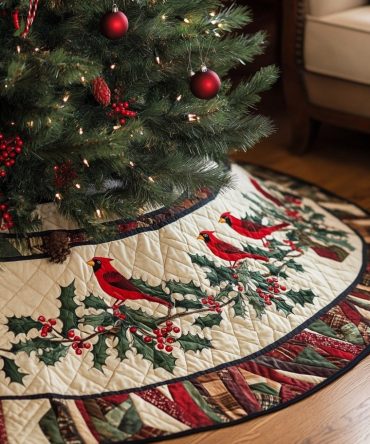 Rustic Woodland Cardinal Christmas Tree Skirt — Handcrafted Red Bird Holiday Skirt, Custom Forest-Themed Christmas Decor