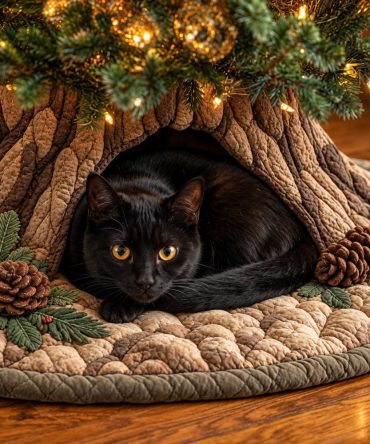 Handmade Woodland Cat Den Tree Skirt - Cozy Rustic Christmas Pet-Friendly Design, Custom Sizes, Soft Fleece Finish
