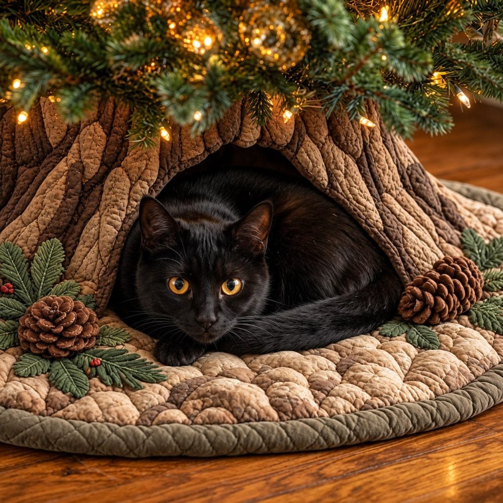 Handmade Woodland Cat Den Tree Skirt - Cozy Rustic Christmas Pet-Friendly Design, Custom Sizes, Soft Fleece Finish