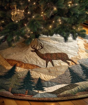 Handmade Woodland Deer Holiday Tree Skirt — Rustic Forest Christmas Tree Skirt, Custom Sizes & Embroidery Available