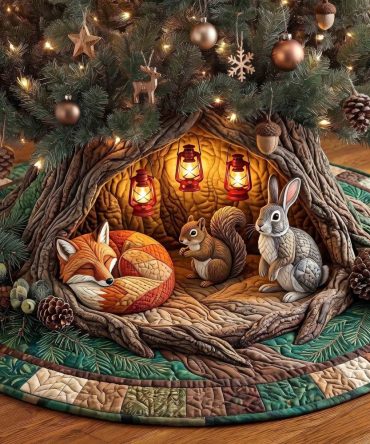 Fox & Squirrel Lantern Den Tree Skirt — Whimsical Woodland Christmas Skirt, Handcrafted Details, Custom Sizing For Cozy Holiday Displays