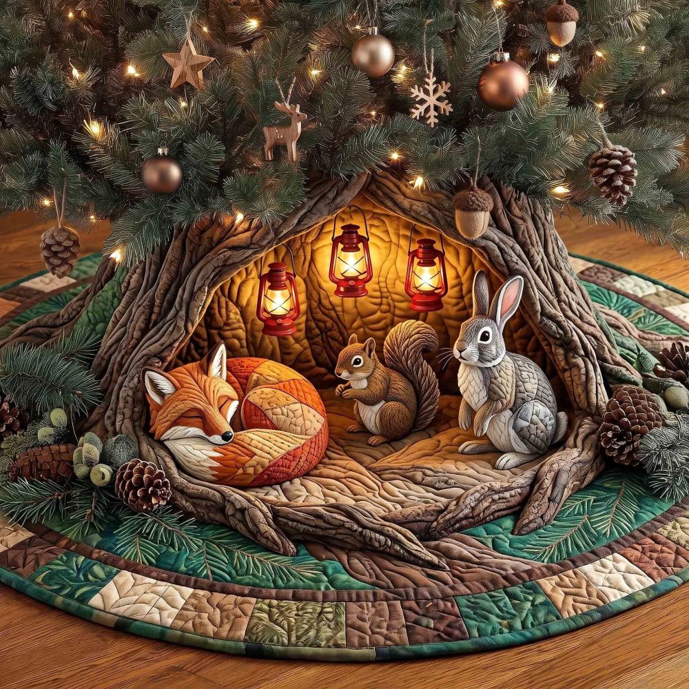 Fox & Squirrel Lantern Den Tree Skirt — Whimsical Woodland Christmas Skirt, Handcrafted Details, Custom Sizing For Cozy Holiday Displays