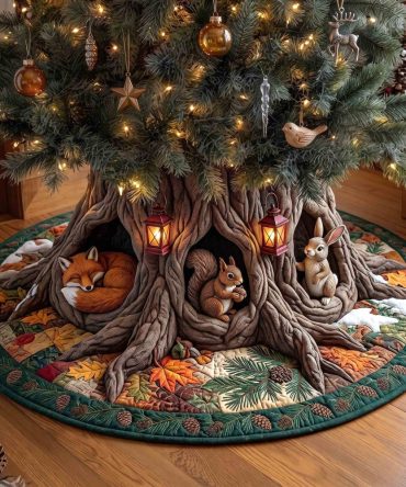 Twin Fox Root Hollow Tree Skirt — Adorable Paired Fox Woodland Skirt, Custom-Made Cozy Fabric, Handmade Holiday Centerpiece For Family Trees