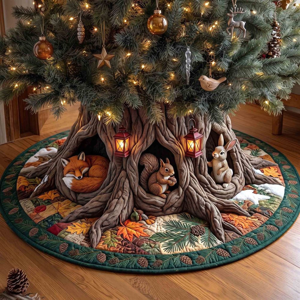 Twin Fox Root Hollow Tree Skirt — Adorable Paired Fox Woodland Skirt, Custom-Made Cozy Fabric, Handmade Holiday Centerpiece For Family Trees