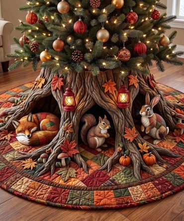 Autumn Leaf Fox Burrow Tree Skirt — Warm Fall-To-Winter Woodland Christmas Skirt, Custom Sizes, Handcrafted Cozy Holiday Base Cover