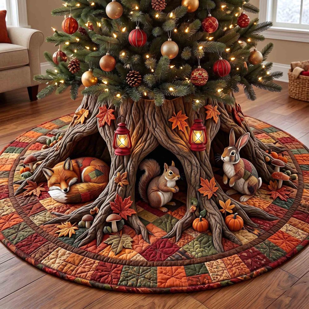 Autumn Leaf Fox Burrow Tree Skirt — Warm Fall-To-Winter Woodland Christmas Skirt, Custom Sizes, Handcrafted Cozy Holiday Base Cover