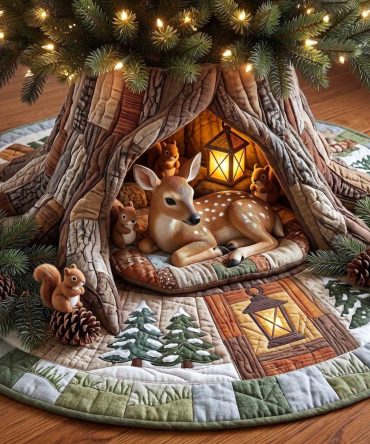 Sleeping Deer Lantern Den Tree Skirt — Serene Woodland Christmas Skirt, Handcrafted Comfort Fabric, Custom Sizing & Gift-Ready Packaging