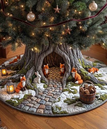 Cobblestone Path Fox Den Tree Skirt — Charming Rustic Christmas Skirt With Fox Motif, Custom-Made Durable Fabric, Cozy Holiday Accent
