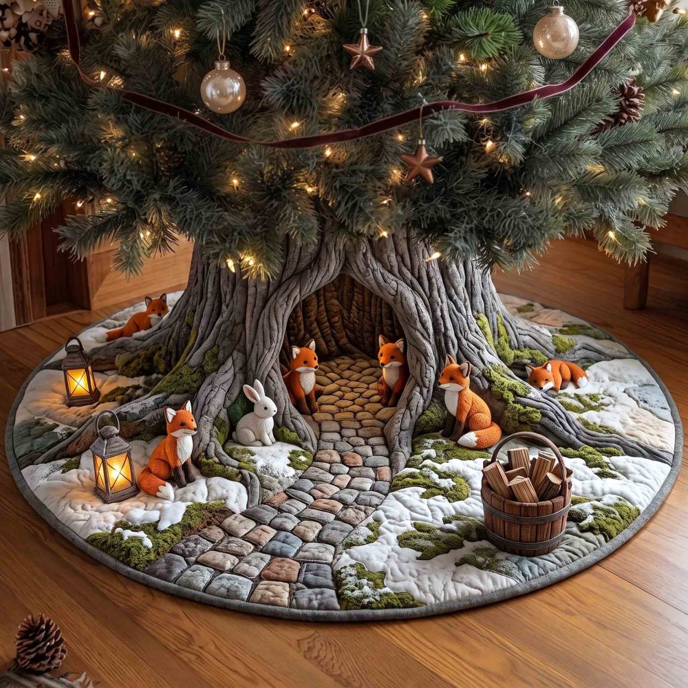 Cobblestone Path Fox Den Tree Skirt — Charming Rustic Christmas Skirt With Fox Motif, Custom-Made Durable Fabric, Cozy Holiday Accent