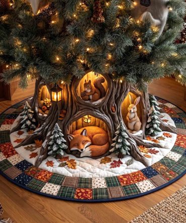 Snowy Pines & Fox Hollow Tree Skirt — Rustic Winter Woodland Christmas Skirt, Custom-Made Cozy Fabric, Perfect Cabin Holiday Decor