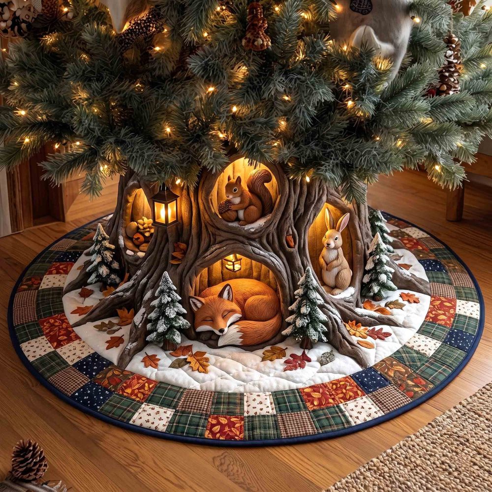 Snowy Pines & Fox Hollow Tree Skirt — Rustic Winter Woodland Christmas Skirt, Custom-Made Cozy Fabric, Perfect Cabin Holiday Decor