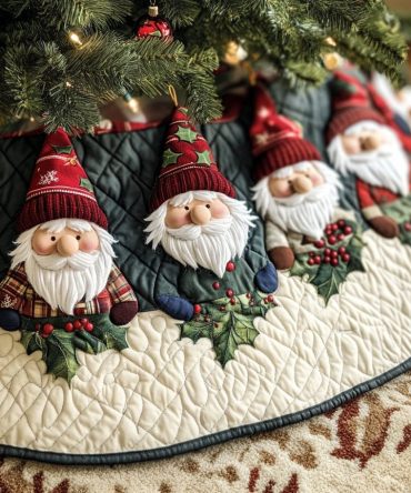 Made-To-Order Woodland Gnomes Holiday Tree Skirt — Playful Christmas Tree Skirt, Handcrafted With Custom Color Options