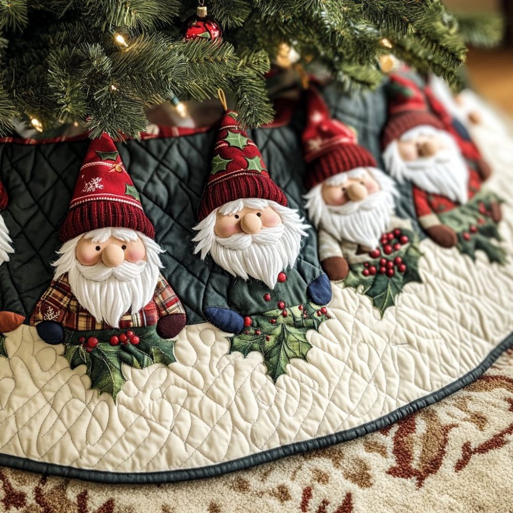Made-To-Order Woodland Gnomes Holiday Tree Skirt — Playful Christmas Tree Skirt, Handcrafted With Custom Color Options