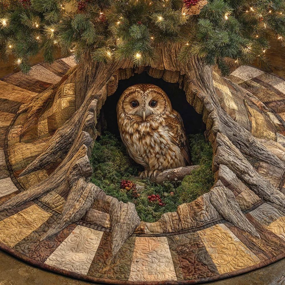 Woodland Guardian Holiday Tree Skirt — Handcrafted Forest Animal Christmas Skirt, Rustic Nature-Inspired Seasonal Decor