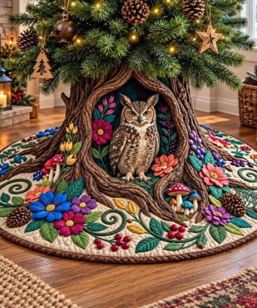 Handcrafted Woodland Owl Christmas Tree Skirt — Rustic Forest Accent, Made-To-Order Holiday Decor For Cozy Cabin & Cottage Style