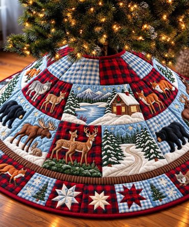 Patchwork Woodland Christmas Tree Skirt - Handmade Custom Rustic Quilt-Style Holiday Skirt With Cozy Flannel Backing