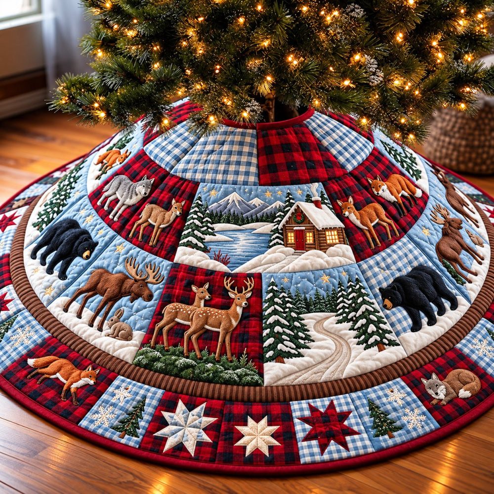 Patchwork Woodland Christmas Tree Skirt - Handmade Custom Rustic Quilt-Style Holiday Skirt With Cozy Flannel Backing